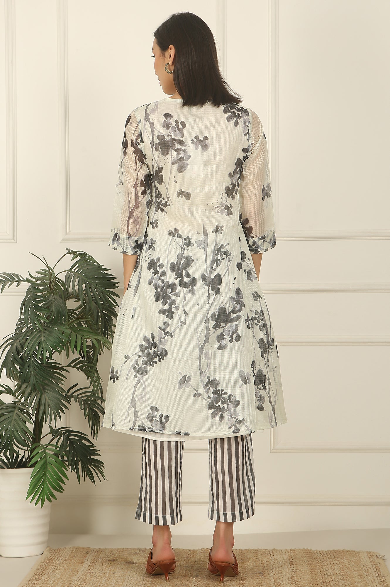 White and Black Floral Printed Kota Flared Kurta and Pants Set