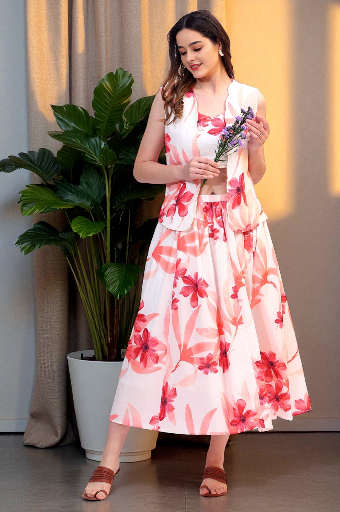 Wite Bold Floral Printed Pure Cotton Crop Top, Gilet and Skirt Set