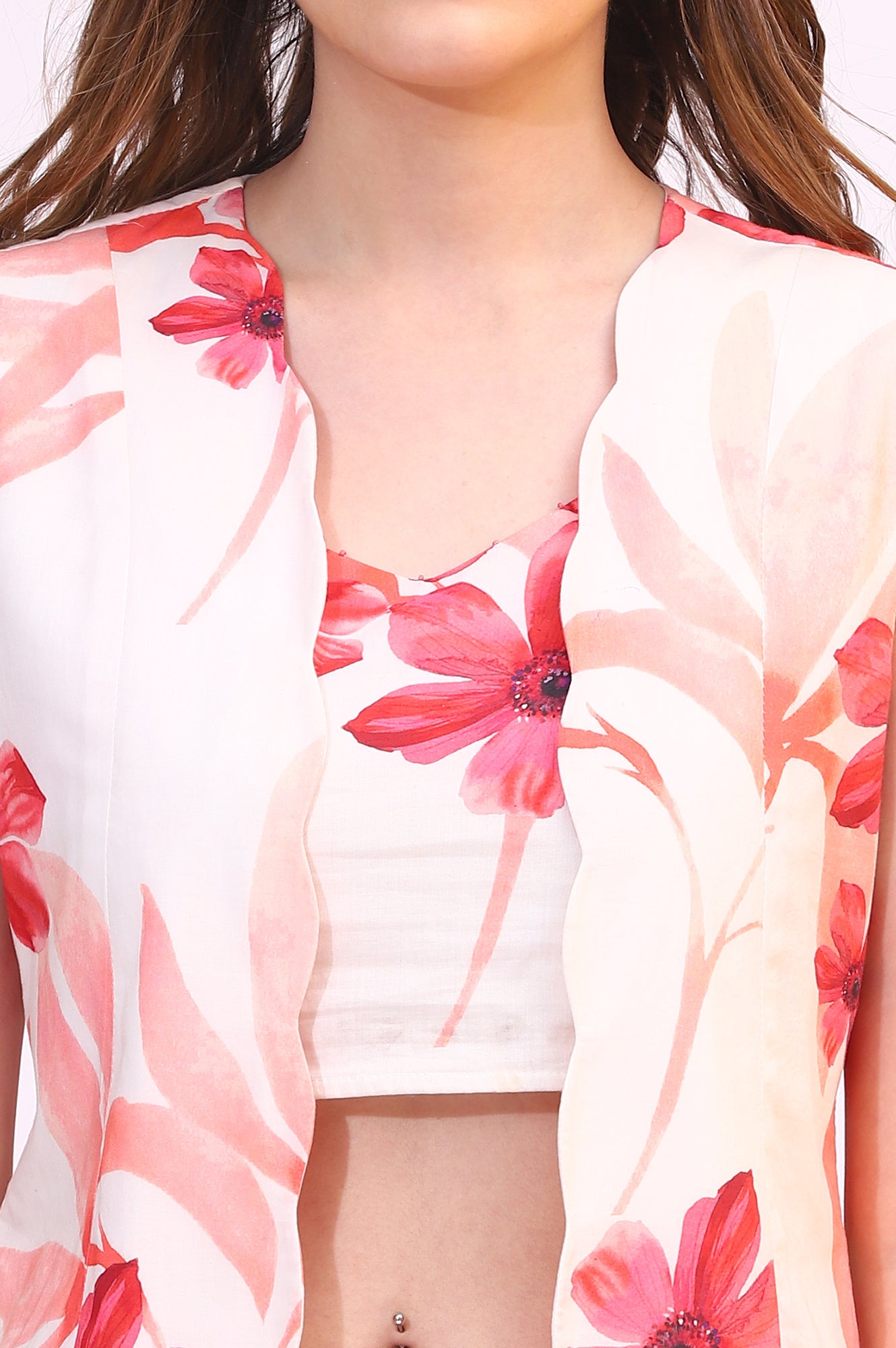 Wite Bold Floral Printed Pure Cotton Crop Top, Gilet and Skirt Set