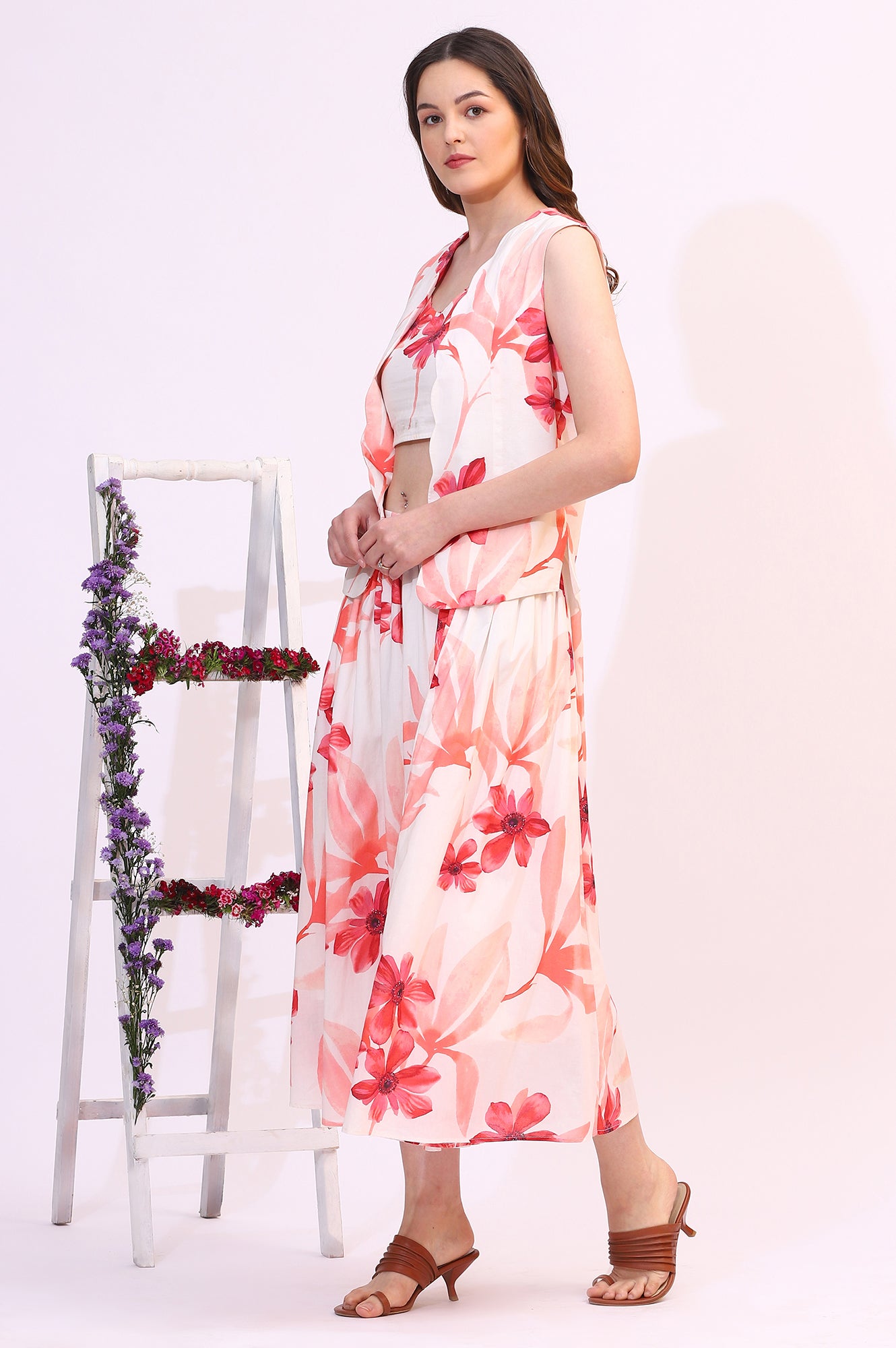 Wite Bold Floral Printed Pure Cotton Crop Top, Gilet and Skirt Set