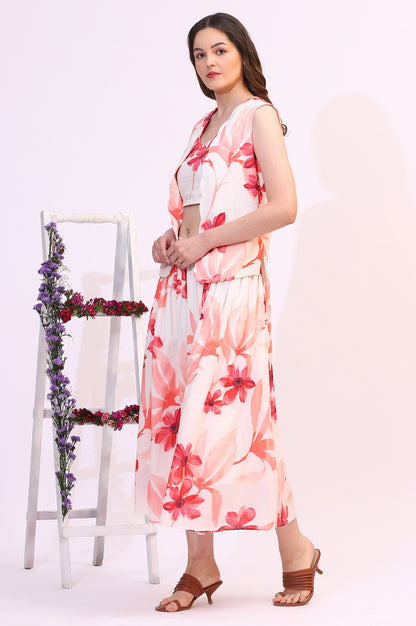 Wite Bold Floral Printed Pure Cotton Crop Top, Gilet and Skirt Set