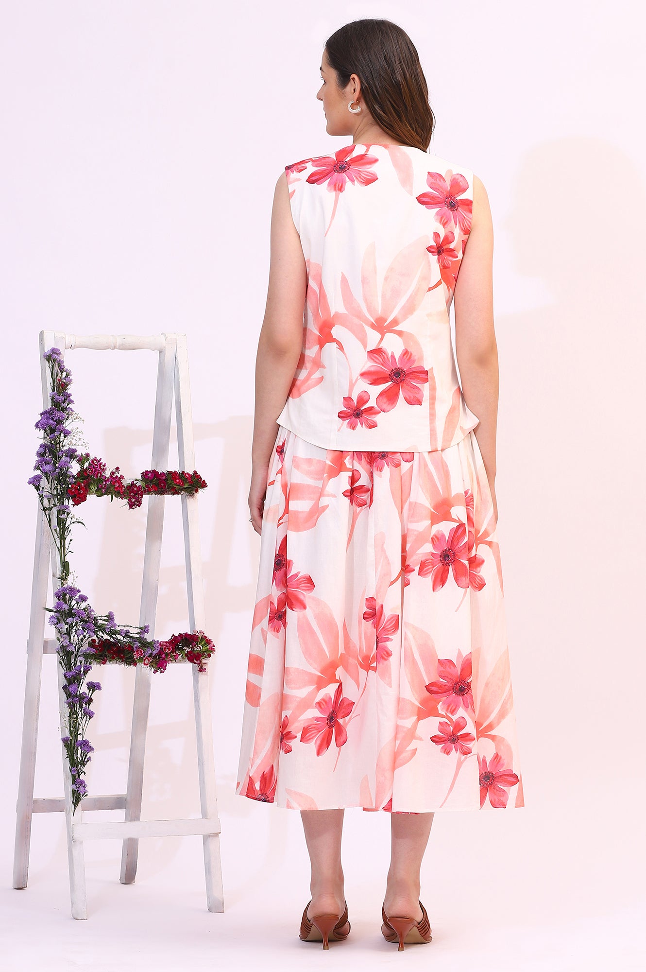 Wite Bold Floral Printed Pure Cotton Crop Top, Gilet and Skirt Set