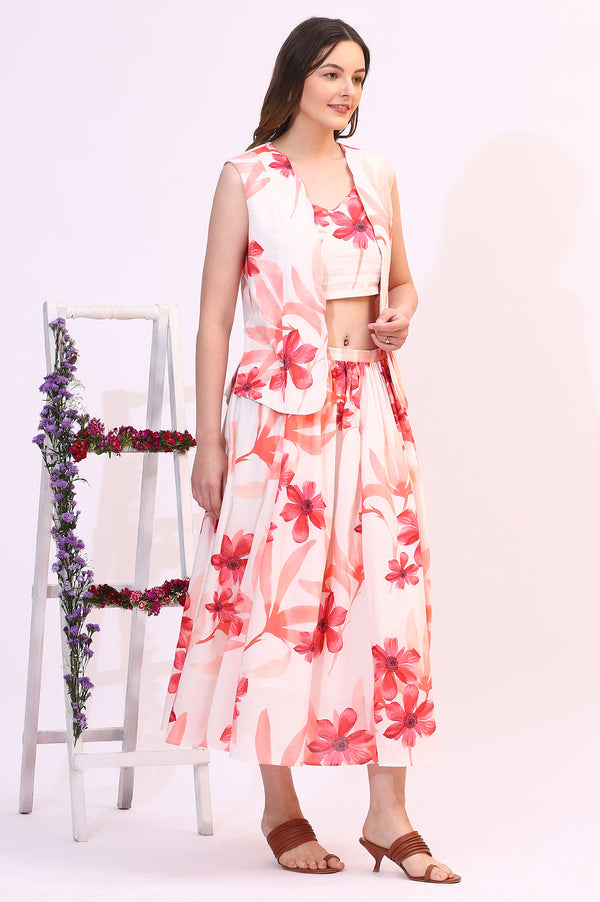 Wite Bold Floral Printed Pure Cotton Crop Top, Gilet and Skirt Set