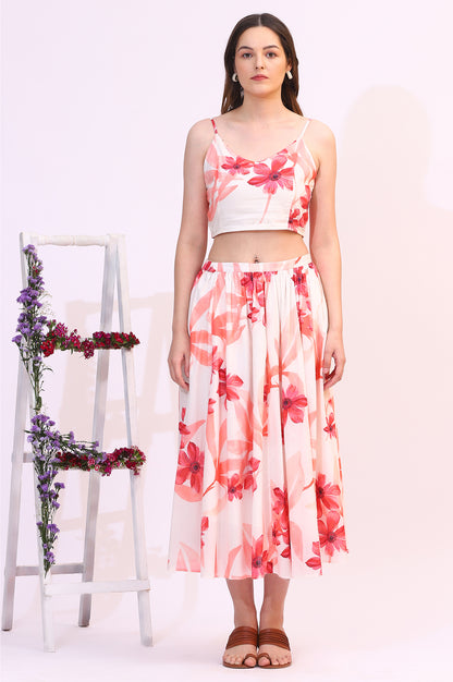 Wite Bold Floral Printed Pure Cotton Crop Top, Gilet and Skirt Set