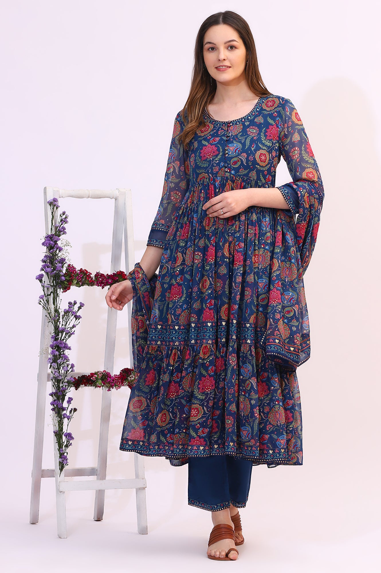 Blue Chintz Floral Printed Chiffon Anarkali Kurta, Straight Pants and Dupatta Set