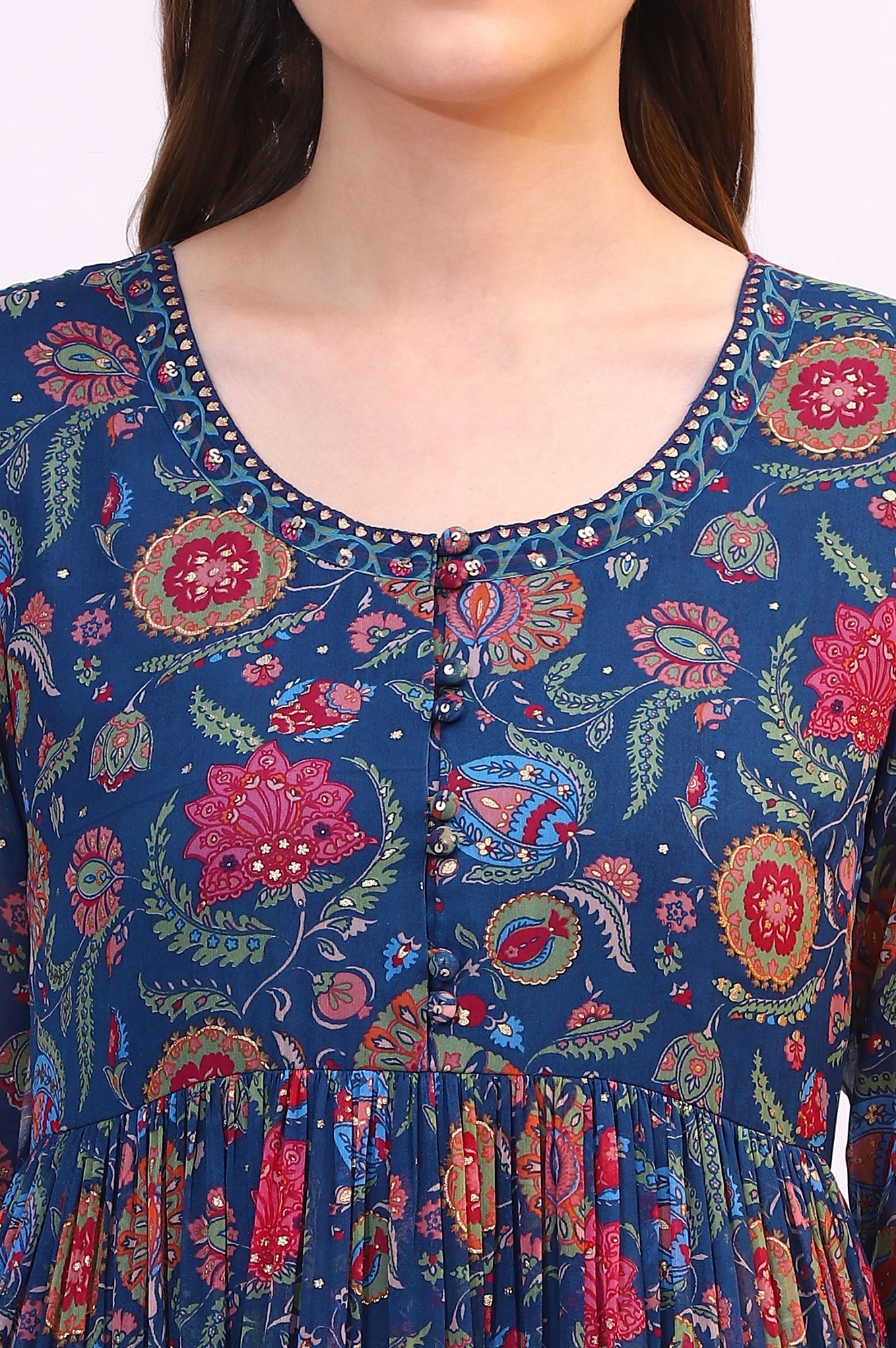 Blue Chintz Floral Printed Chiffon Anarkali Kurta, Straight Pants and Dupatta Set