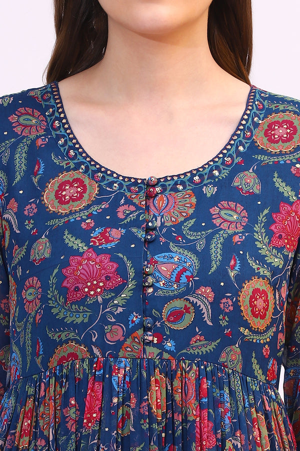 Blue Chintz Floral Printed Chiffon Anarkali Kurta, Straight Pants and Dupatta Set