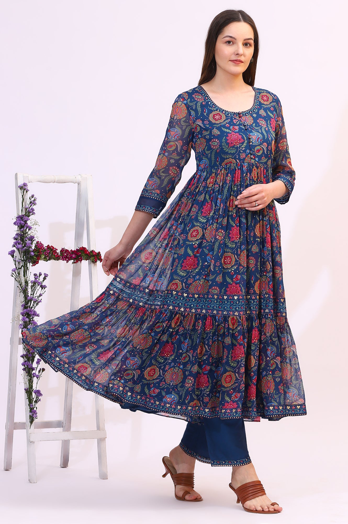 Blue Chintz Floral Printed Chiffon Anarkali Kurta, Straight Pants and Dupatta Set