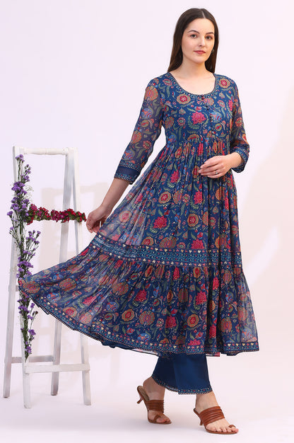 Blue Chintz Floral Printed Chiffon Anarkali Kurta, Straight Pants and Dupatta Set
