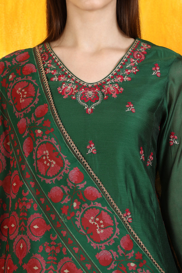 Emerald Green Embroidered Panelled Kurta, Flared Pants and Dupatta Set