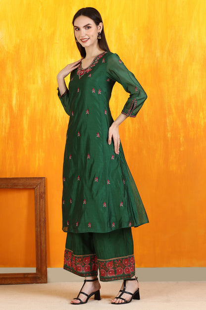 Emerald Green Embroidered Panelled Kurta, Flared Pants and Dupatta Set