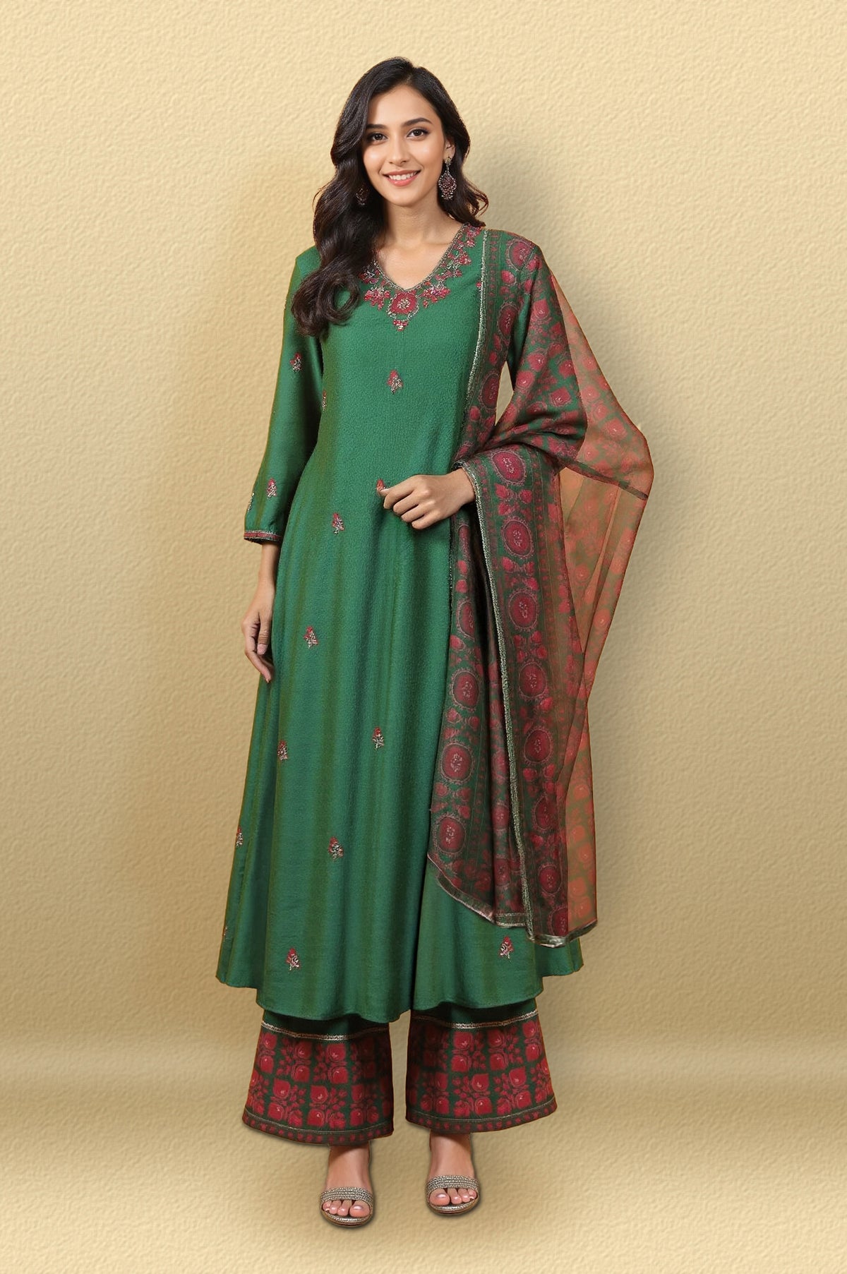 Emerald Green Embroidered Panelled Kurta, Flared Pants and Dupatta Set - XS