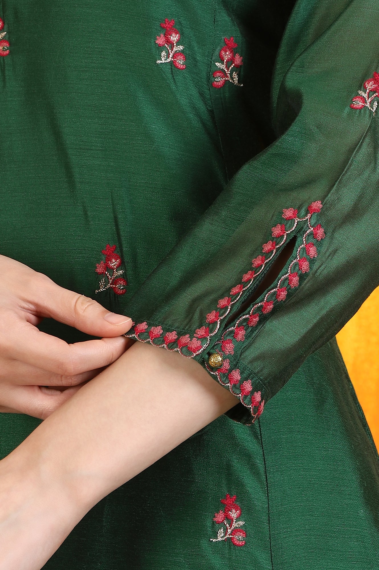 Emerald Green Embroidered Panelled Kurta, Flared Pants and Dupatta Set