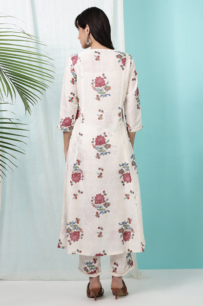 White Floral Printed Textured Dobby A-line Kurta and Pants Co-ord Set