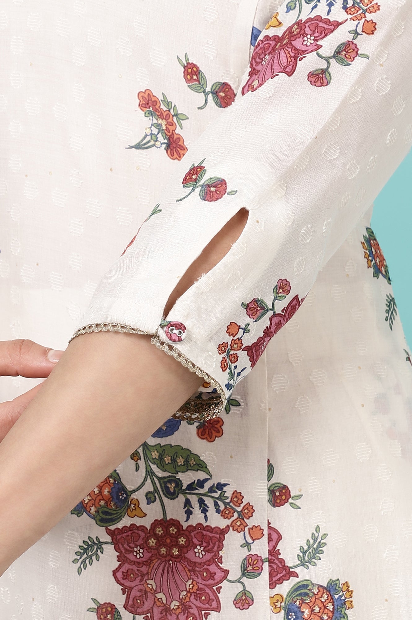 White Floral Printed Textured Dobby A-line Kurta and Pants Co-ord Set