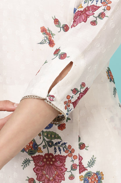 White Floral Printed Textured Dobby A-line Kurta and Pants Co-ord Set