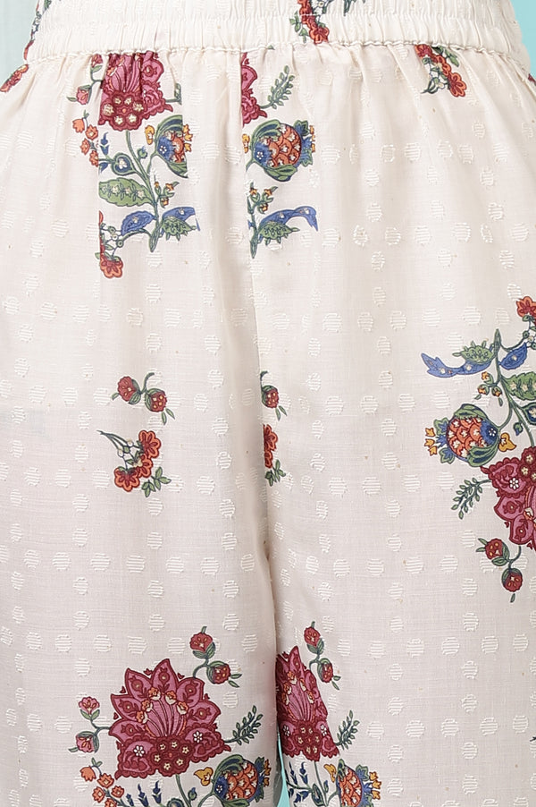 White Floral Printed Textured Dobby A-line Kurta and Pants Co-ord Set
