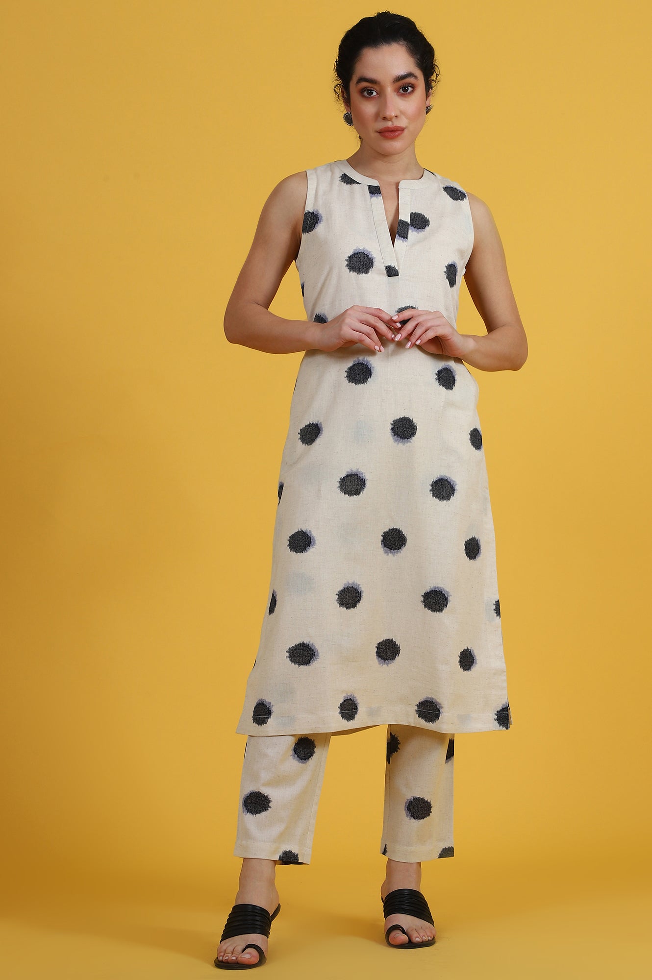 Buy White Polka Dots Cotton Flax A-line Kurta and Pants Co-ord Set
