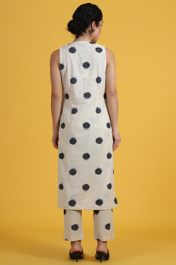 White Polka Dots Cotton Flax A-line Kurta and Pants Co-ord Set