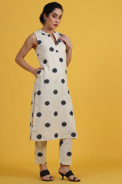 White Polka Dots Cotton Flax A-line Kurta and Pants Co-ord Set