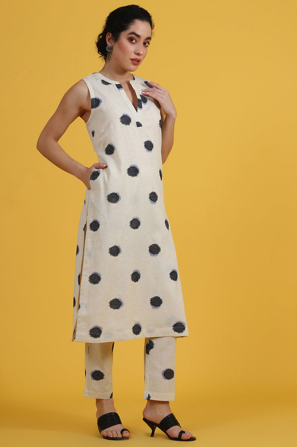 White Polka Dots Cotton Flax A-line Kurta and Pants Co-ord Set
