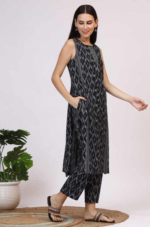 Black Ikkat Pure Cotton Straight Kurta and Pants Co-ord Set