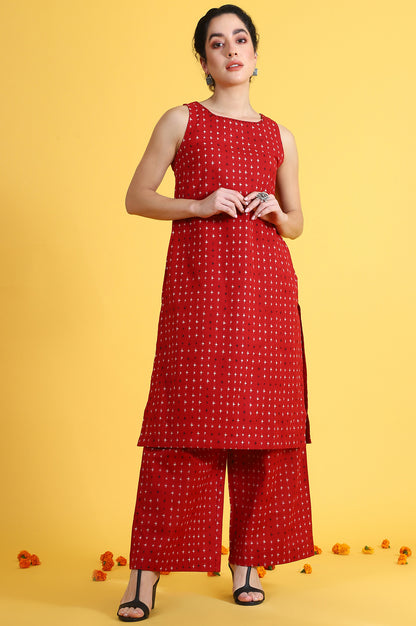 Red Abstract Printed Cotton Flax Sleeveless Straight Kurta and Pants Co-ord Set