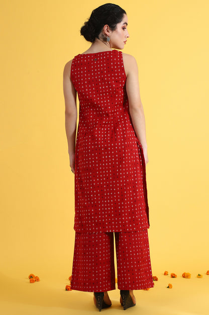 Red Abstract Printed Cotton Flax Sleeveless Straight Kurta and Pants Co-ord Set