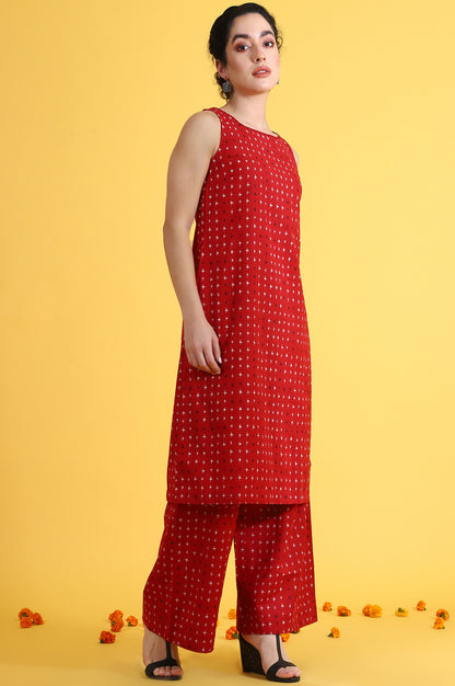 Red Abstract Printed Cotton Flax Sleeveless Straight Kurta and Pants Co-ord Set