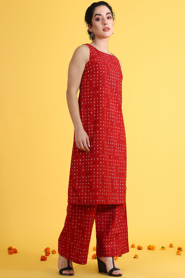 Red Abstract Printed Cotton Flax Sleeveless Straight Kurta and Pants Co-ord Set