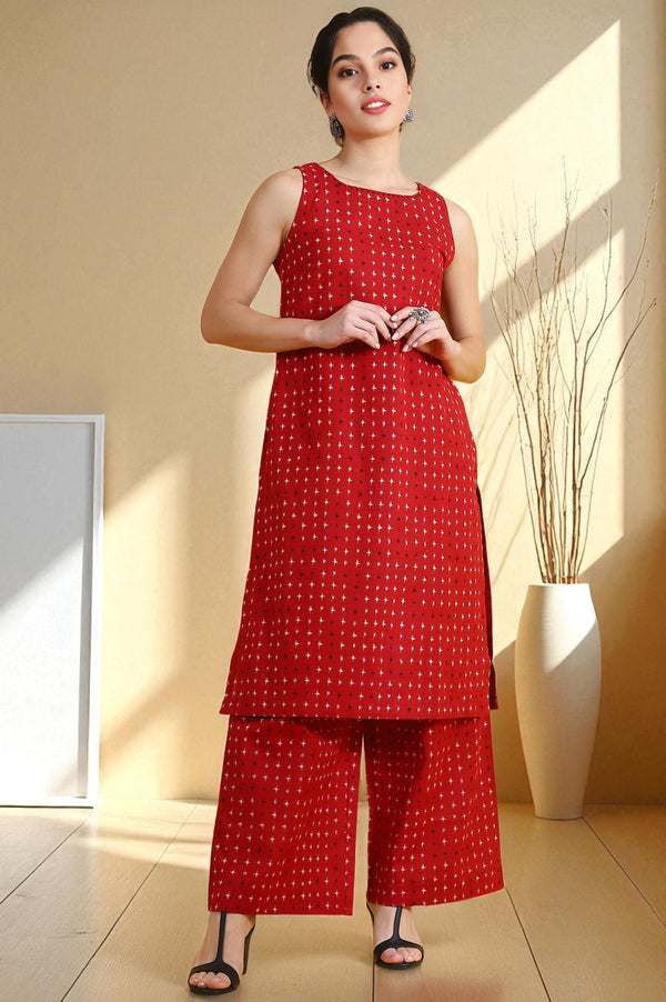 Red Abstract Printed Cotton Flax Sleeveless Straight Kurta and Pants Co-ord Set