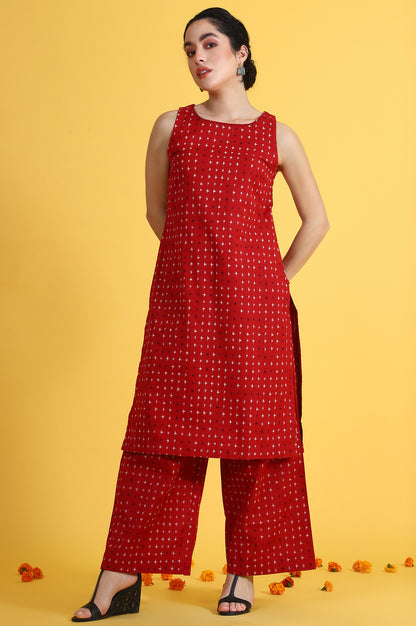 Red Abstract Printed Cotton Flax Sleeveless Straight Kurta and Pants Co-ord Set