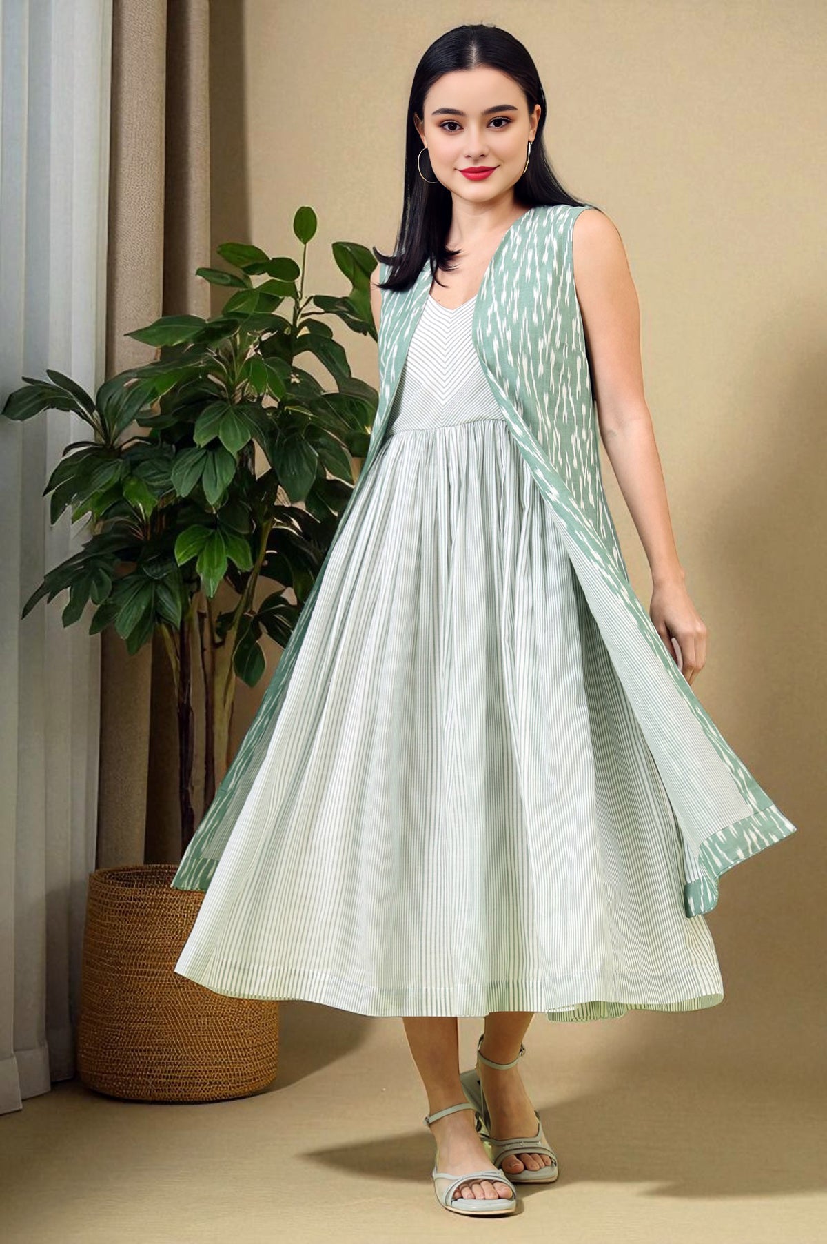 White and Green Geometric Printed Flared Spaghetti Dress and Gilet Set - S