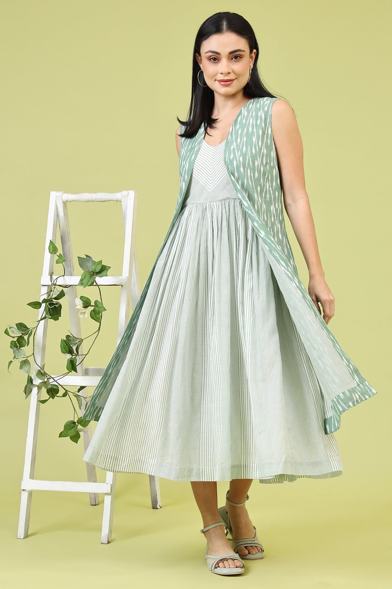 White and Green Geometric Printed Flared Spaghetti Dress and Gilet Set