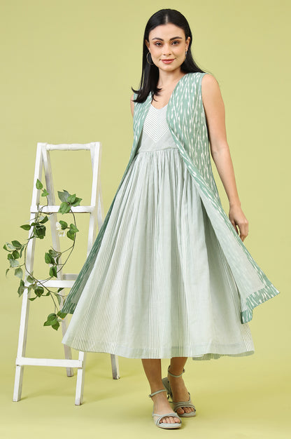 White and Green Geometric Printed Flared Spaghetti Dress and Gilet Set