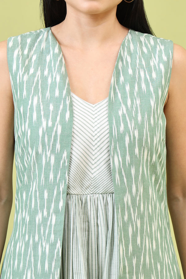 White and Green Geometric Printed Flared Spaghetti Dress and Gilet Set