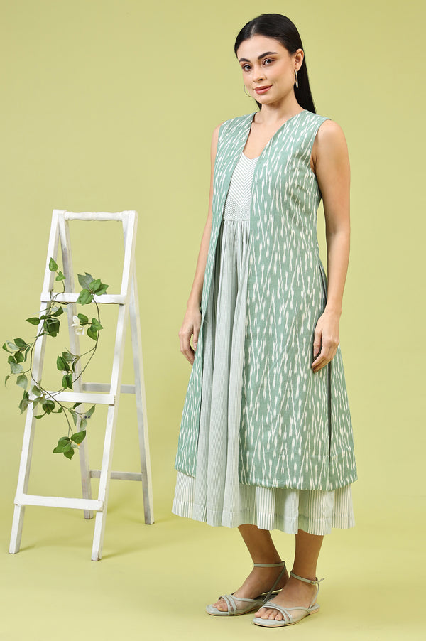 White and Green Geometric Printed Flared Spaghetti Dress and Gilet Set
