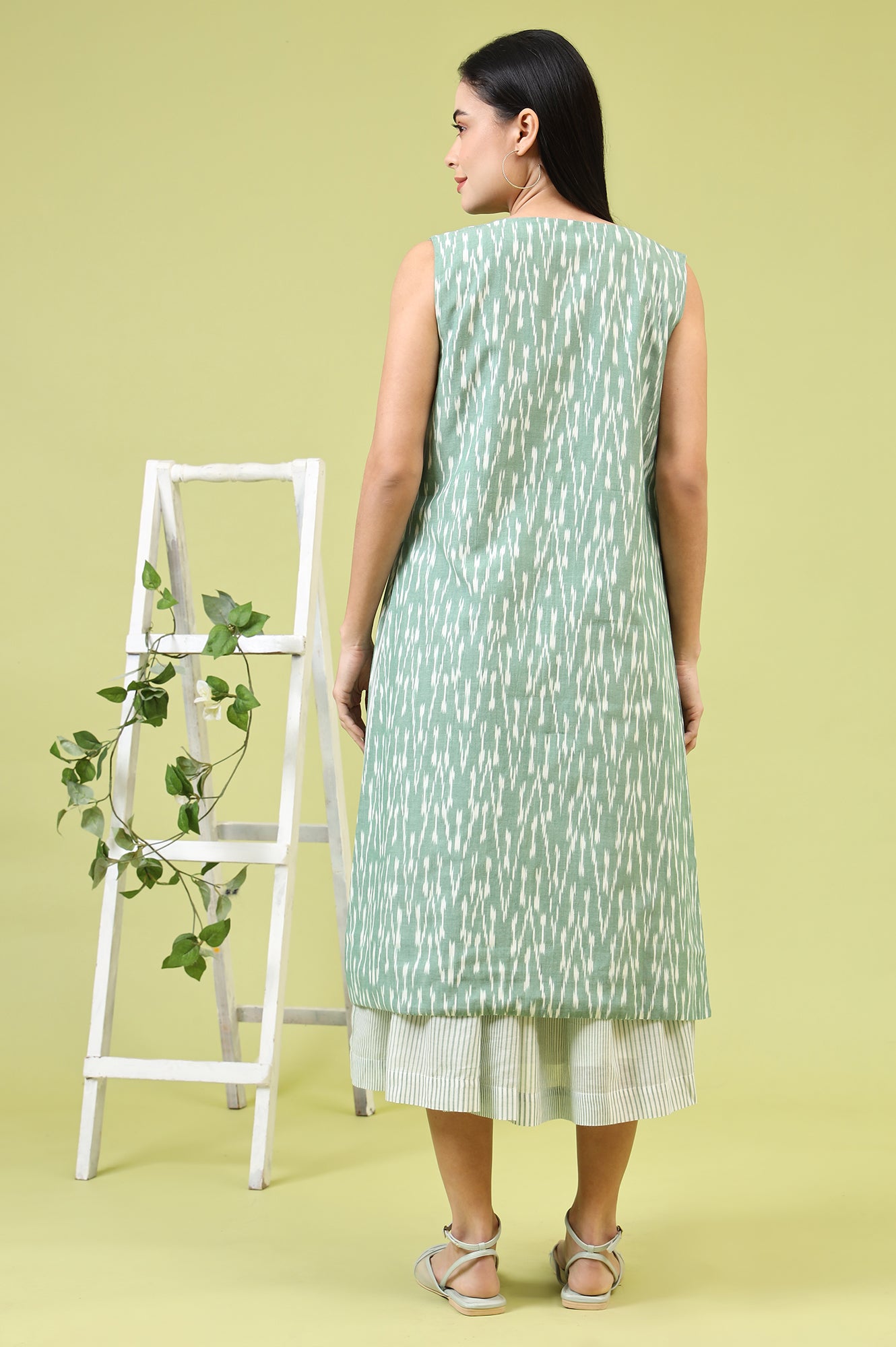 White and Green Geometric Printed Flared Spaghetti Dress and Gilet Set