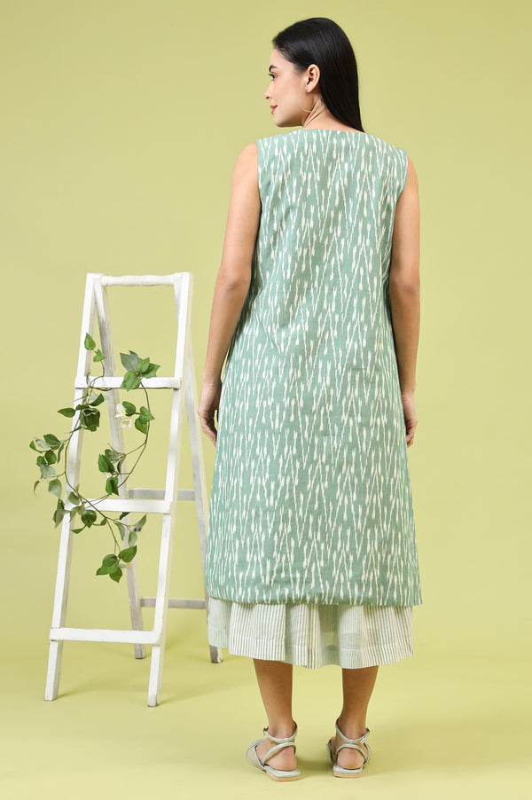 White and Green Geometric Printed Flared Spaghetti Dress and Gilet Set