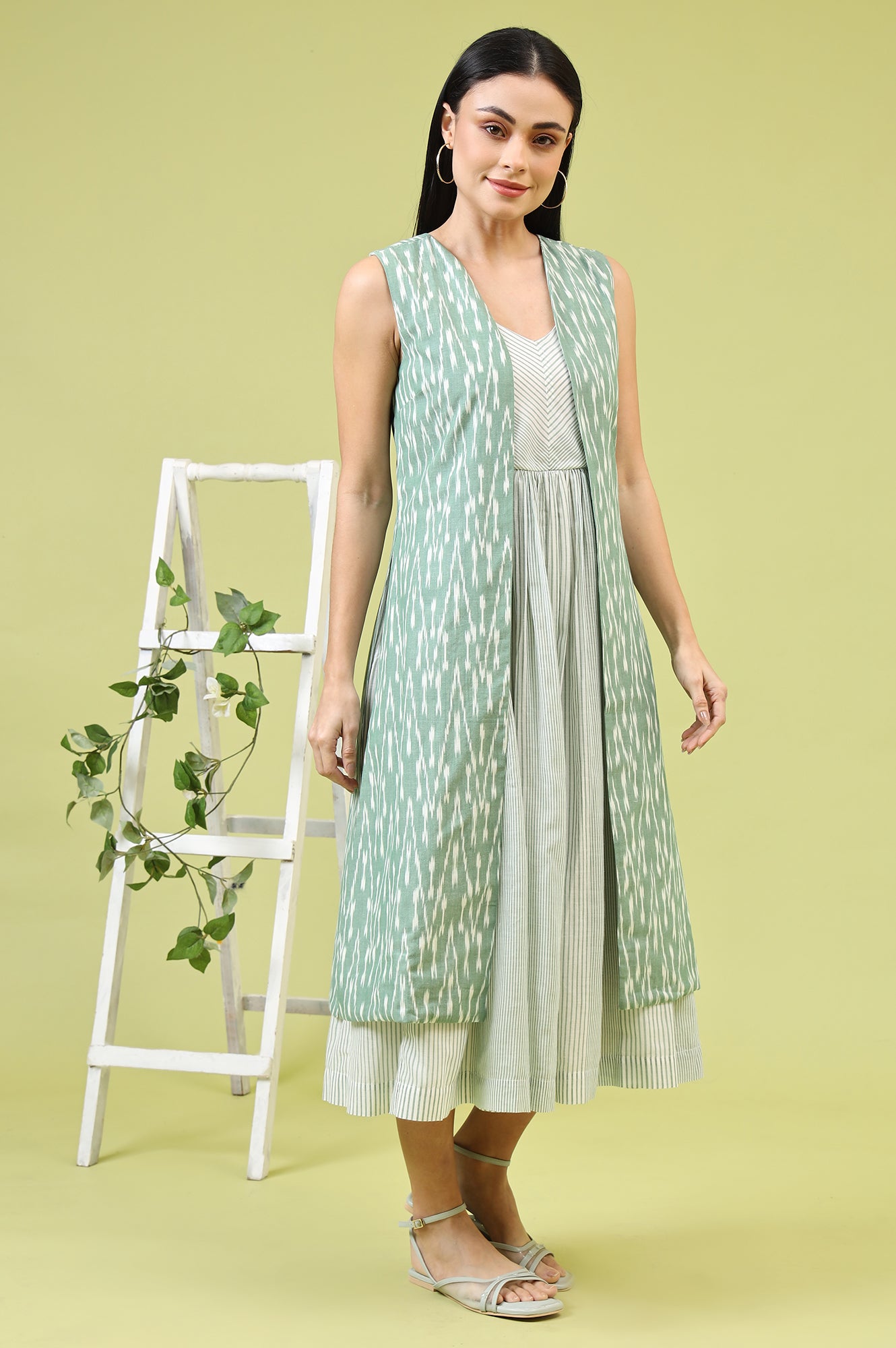 White and Green Geometric Printed Flared Spaghetti Dress and Gilet Set
