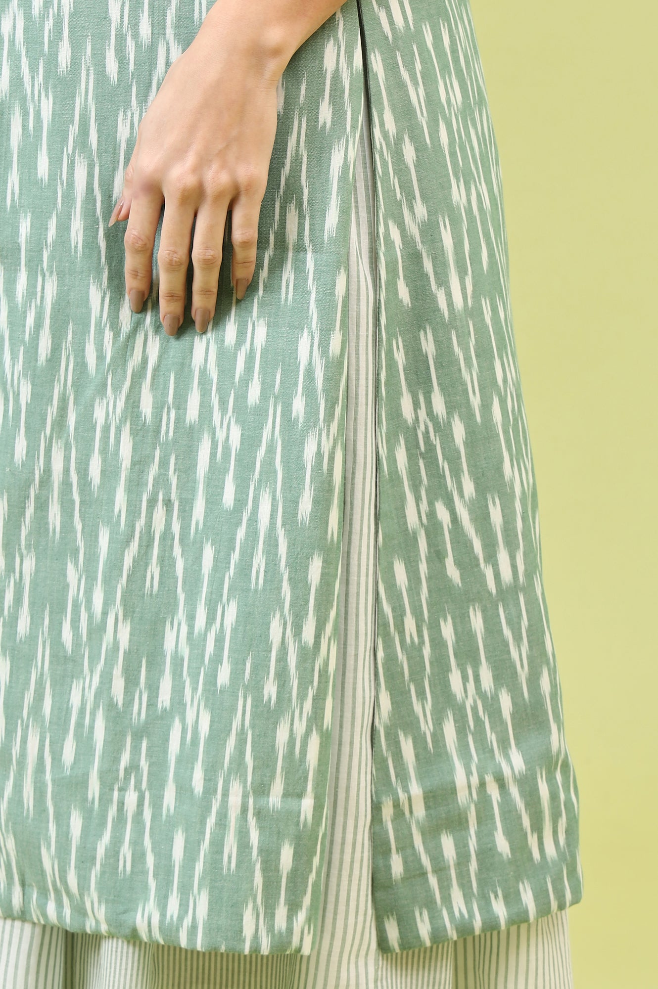 White and Green Geometric Printed Flared Spaghetti Dress and Gilet Set