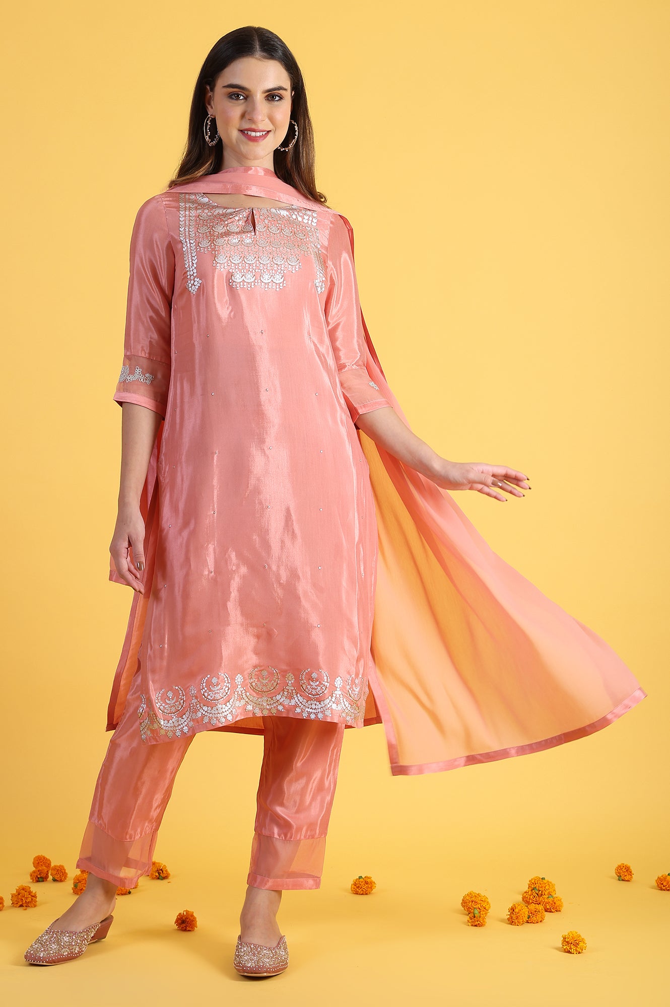 Pink Printed Shantung Straight Kurta, Pants and Dupatta Set
