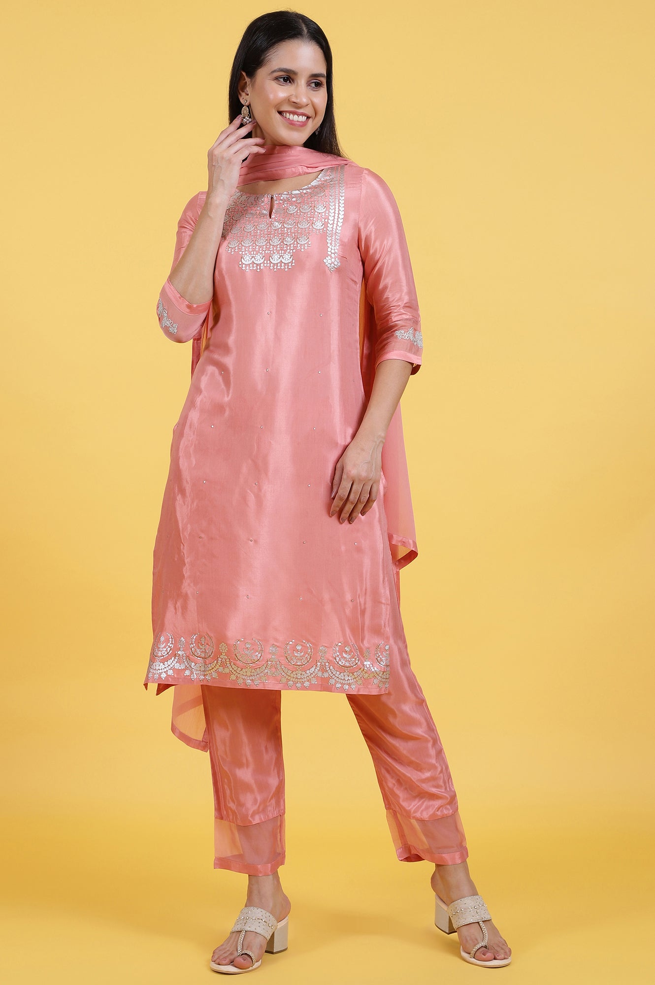 Pink Foil Printed Shantung Straight Kurta, Pants and Dupatta Set
