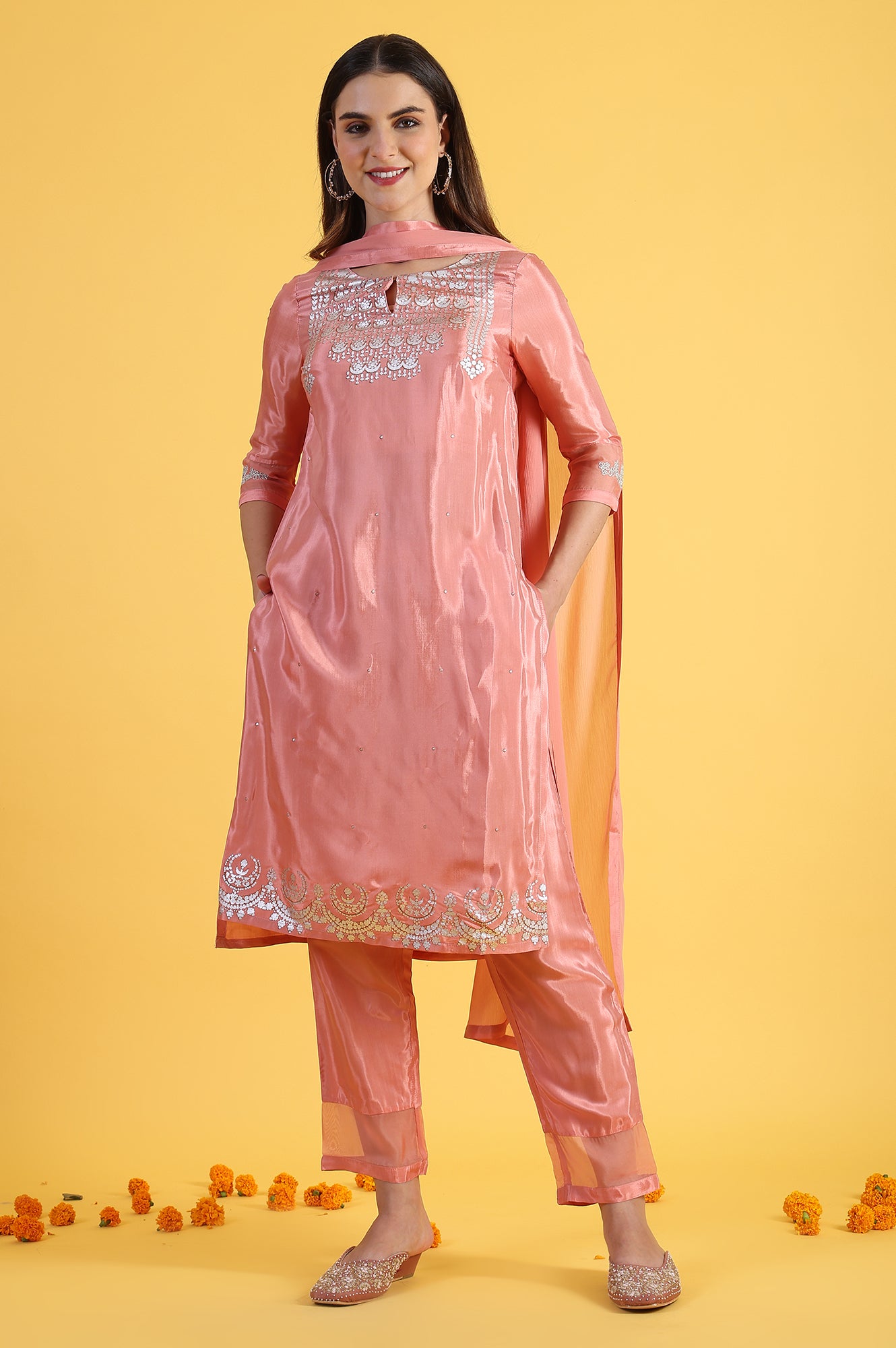 Pink Printed Shantung Straight Kurta, Pants and Dupatta Set