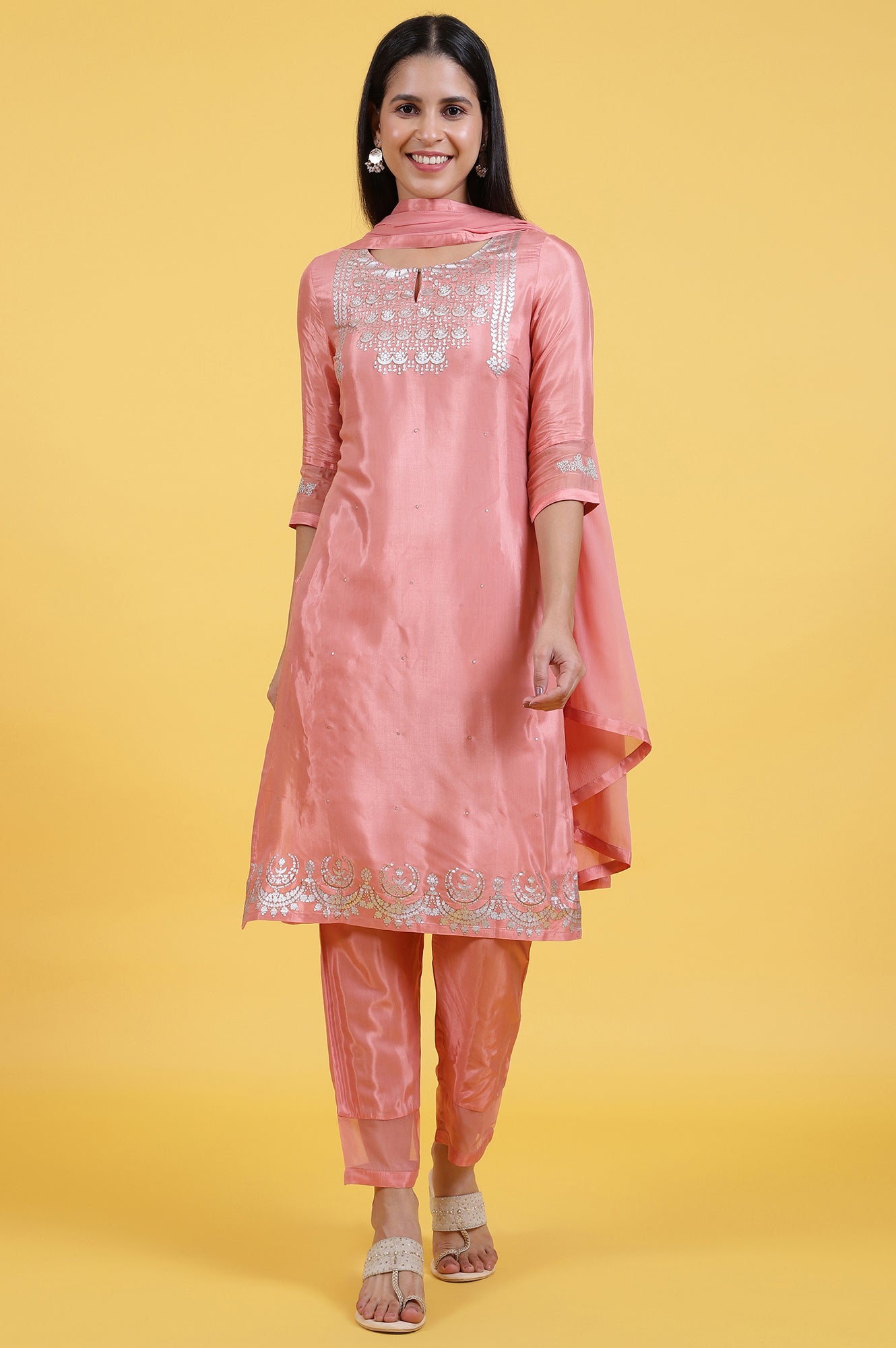 Pink Foil Printed Shantung Straight Kurta, Pants and Dupatta Set