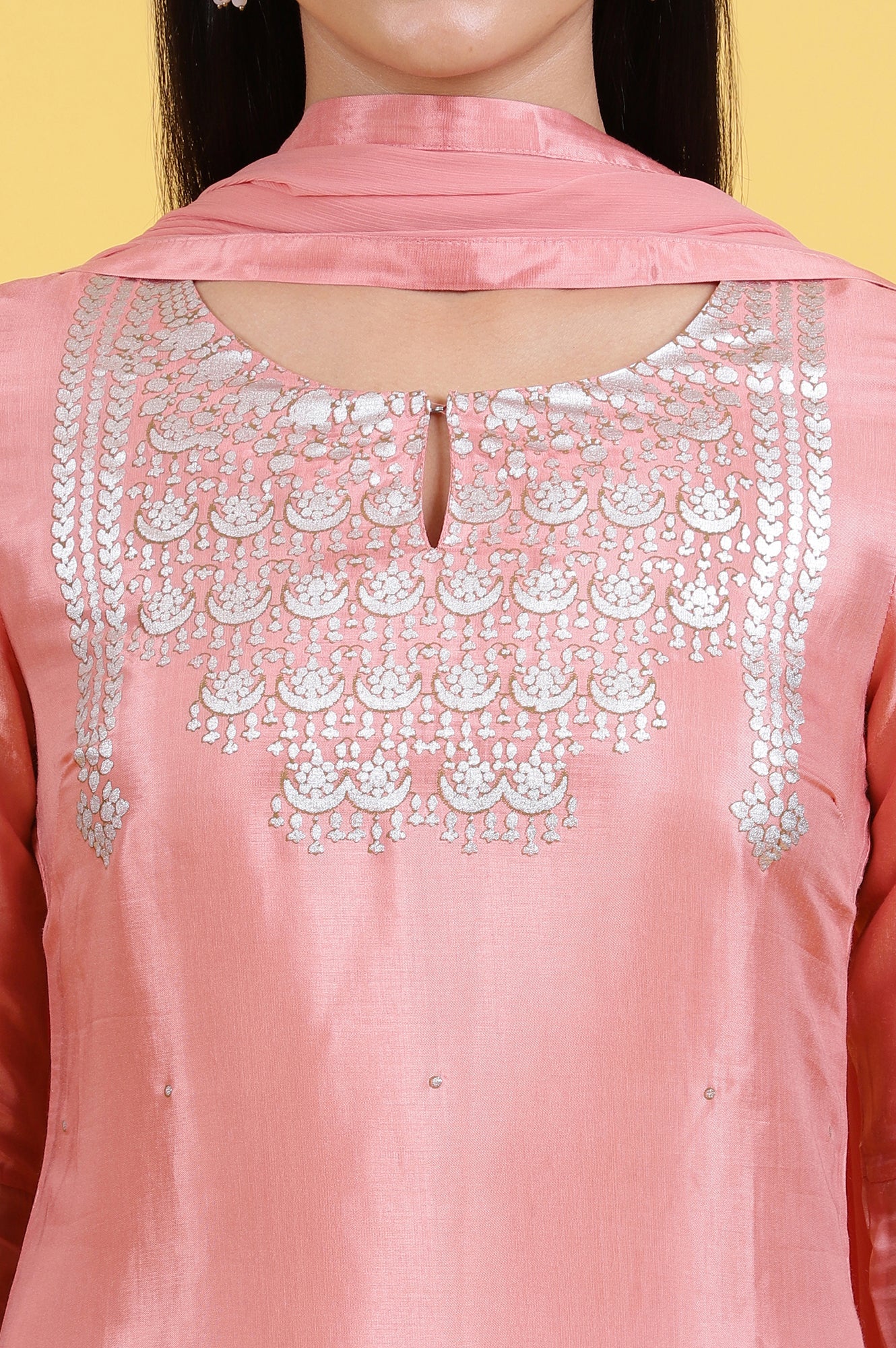Pink Foil Printed Shantung Straight Kurta, Pants and Dupatta Set