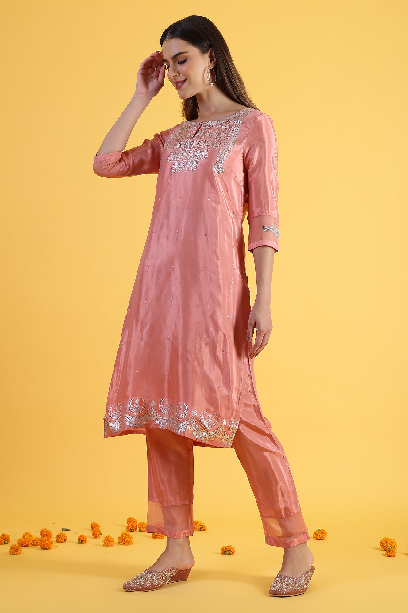 Pink Printed Shantung Straight Kurta, Pants and Dupatta Set