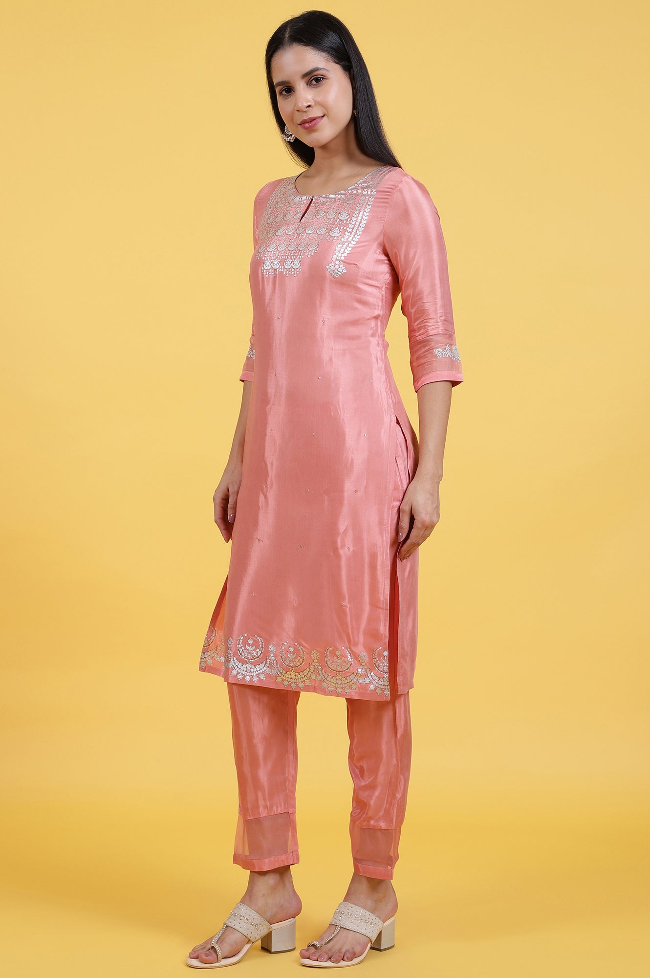 Pink Foil Printed Shantung Straight Kurta, Pants and Dupatta Set