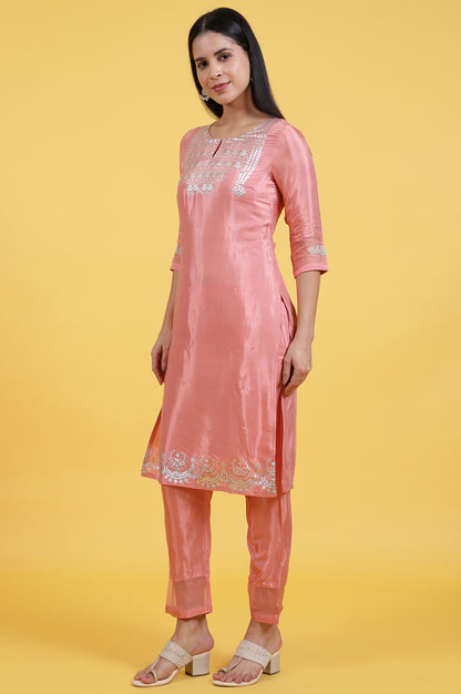 Pink Foil Printed Shantung Straight Kurta, Pants and Dupatta Set