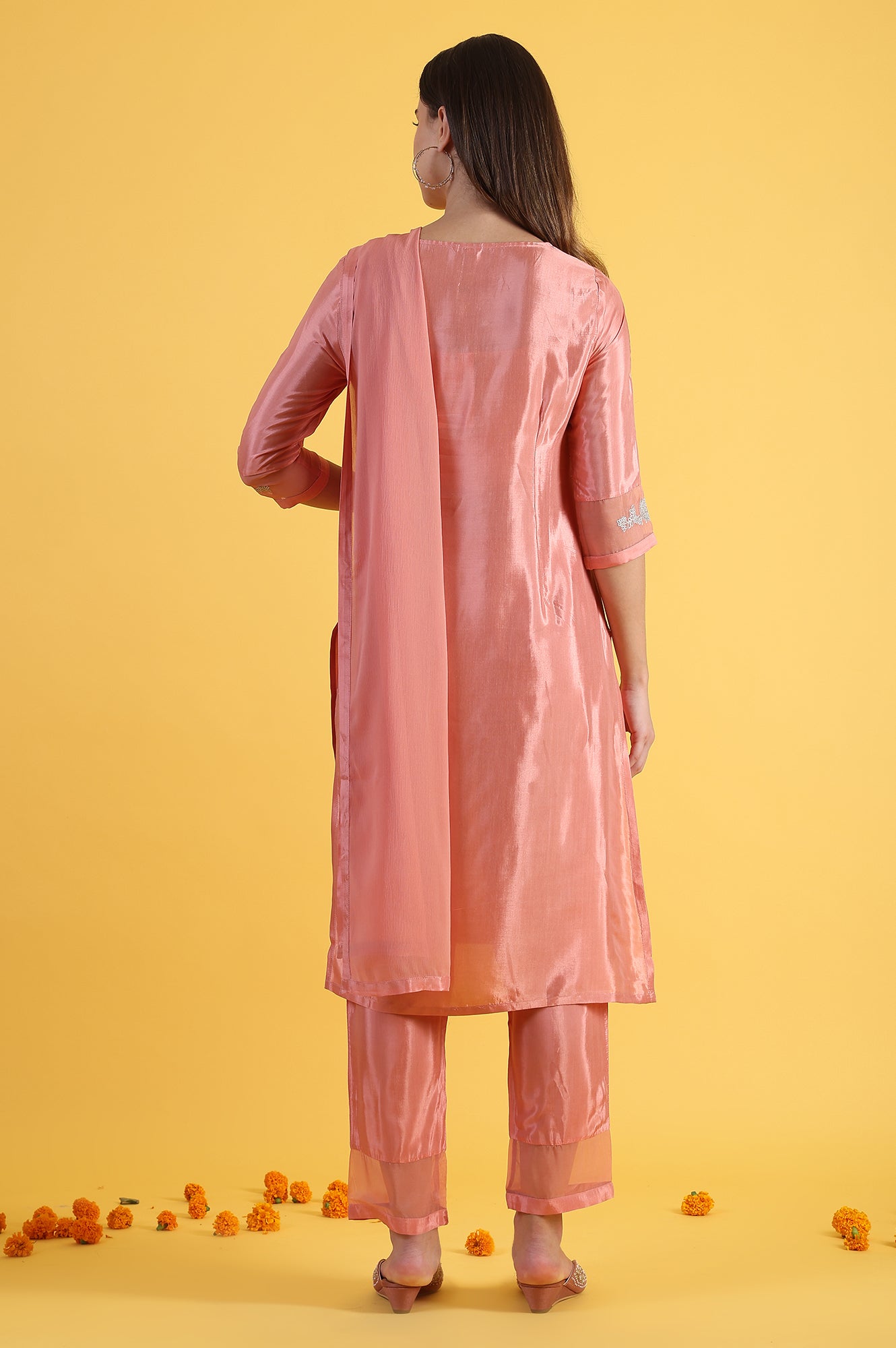 Pink Printed Shantung Straight Kurta, Pants and Dupatta Set